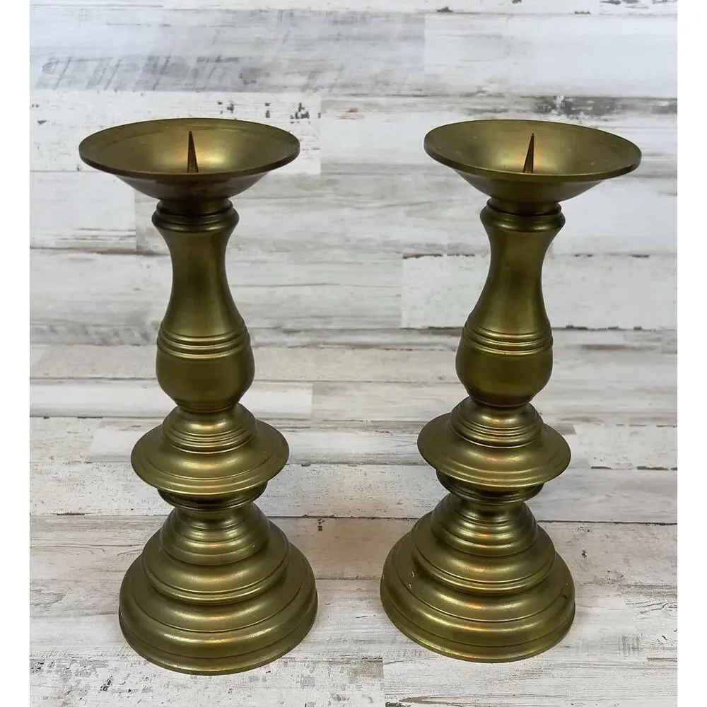 Pair Heavy Solid Brass Taper Candle Holders Traditional Gold Tone 9.5